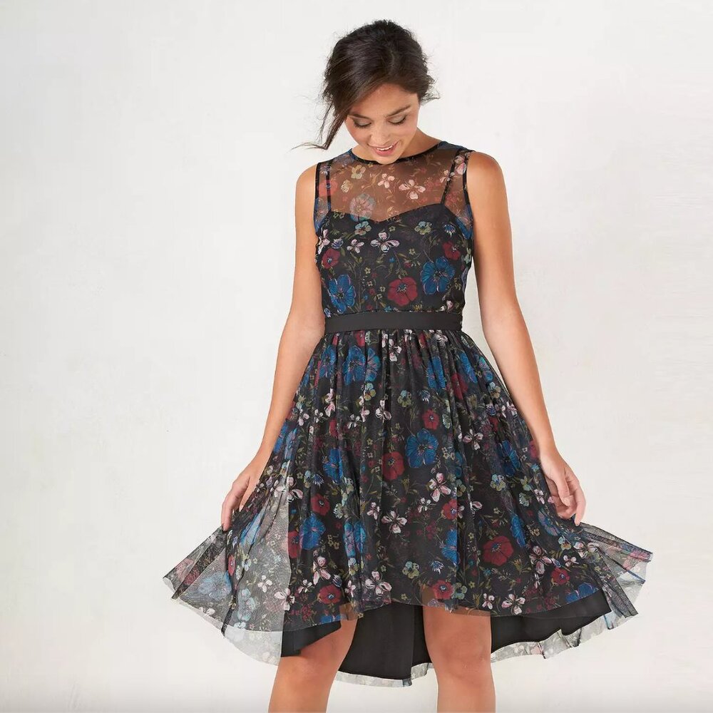 LC Lauren Conrad Black Floral High Low Dress